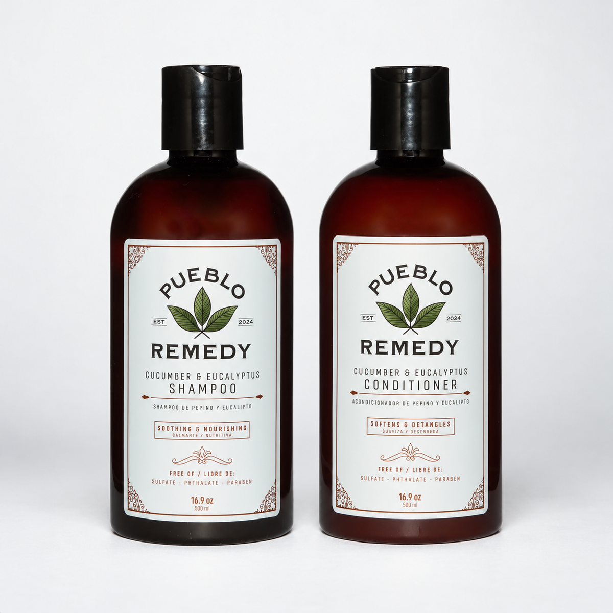 Pueblo Remedy Hair Care Duo: full-size Cucumber + Eucalyptus shampoo and conditioner, 500 ml each